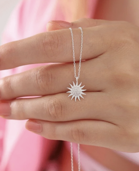 925 Sterling Silver Sun Pendant Necklace with White Zircon Stone
