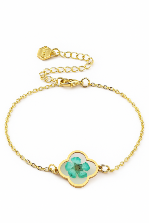 Delicate Gold Chain Bracelet with Encased Turquoise Flower Detail