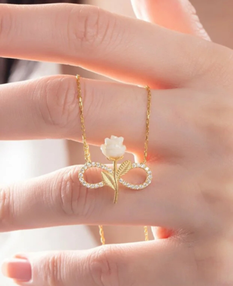 925 Sterling Silver Gold Plated White Rose Infinity Necklace Zircon